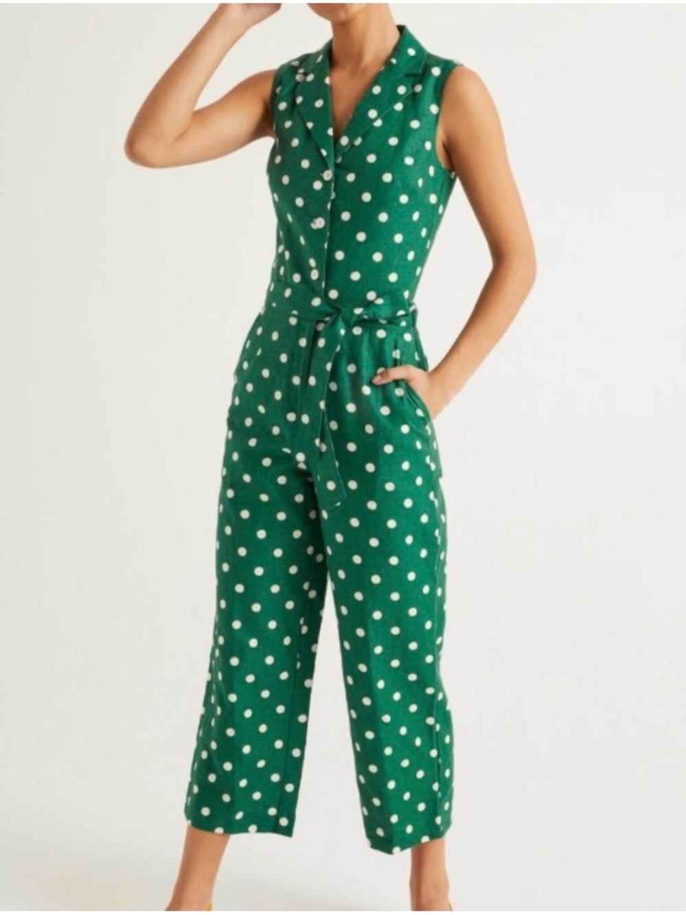 Boden Revere Collar Jumpsuit Green Polka Dot Cropped Wide Leg Sz 12 Sleeveless